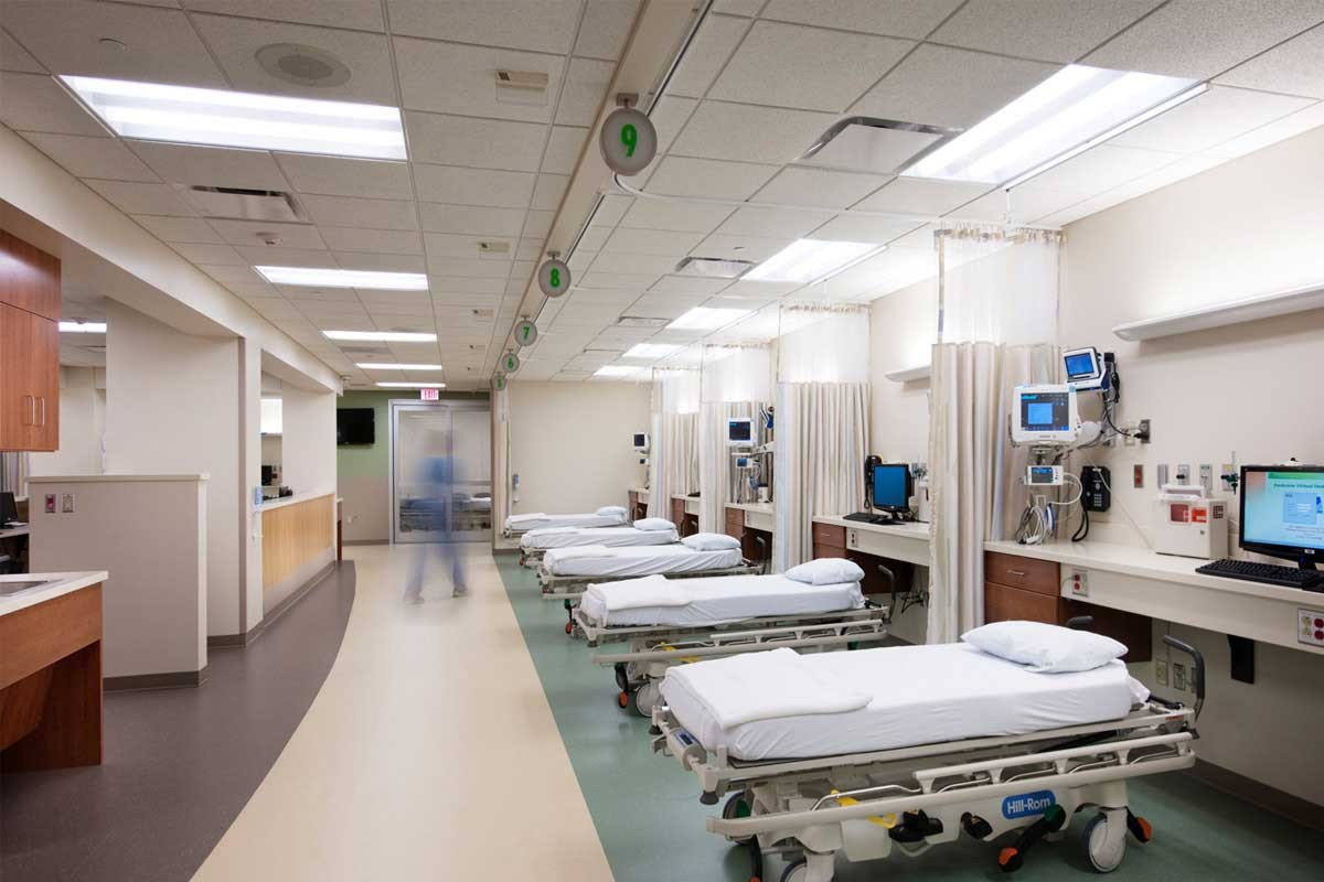 Interior view of beds in the emergency room in a hospital